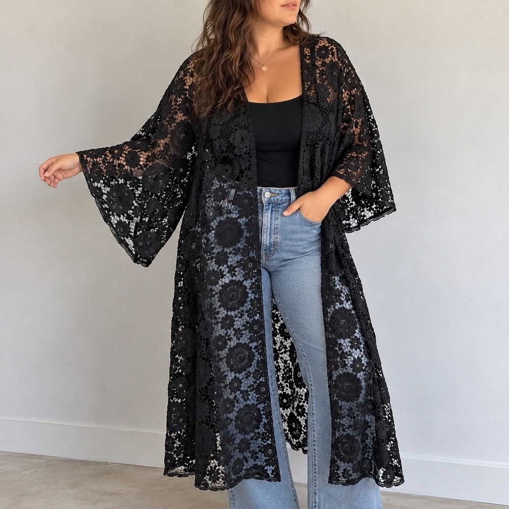 Roaman's Black Lace Kimono Cardigan Floral Sheer Duster 40W Fairycore Goth Boho